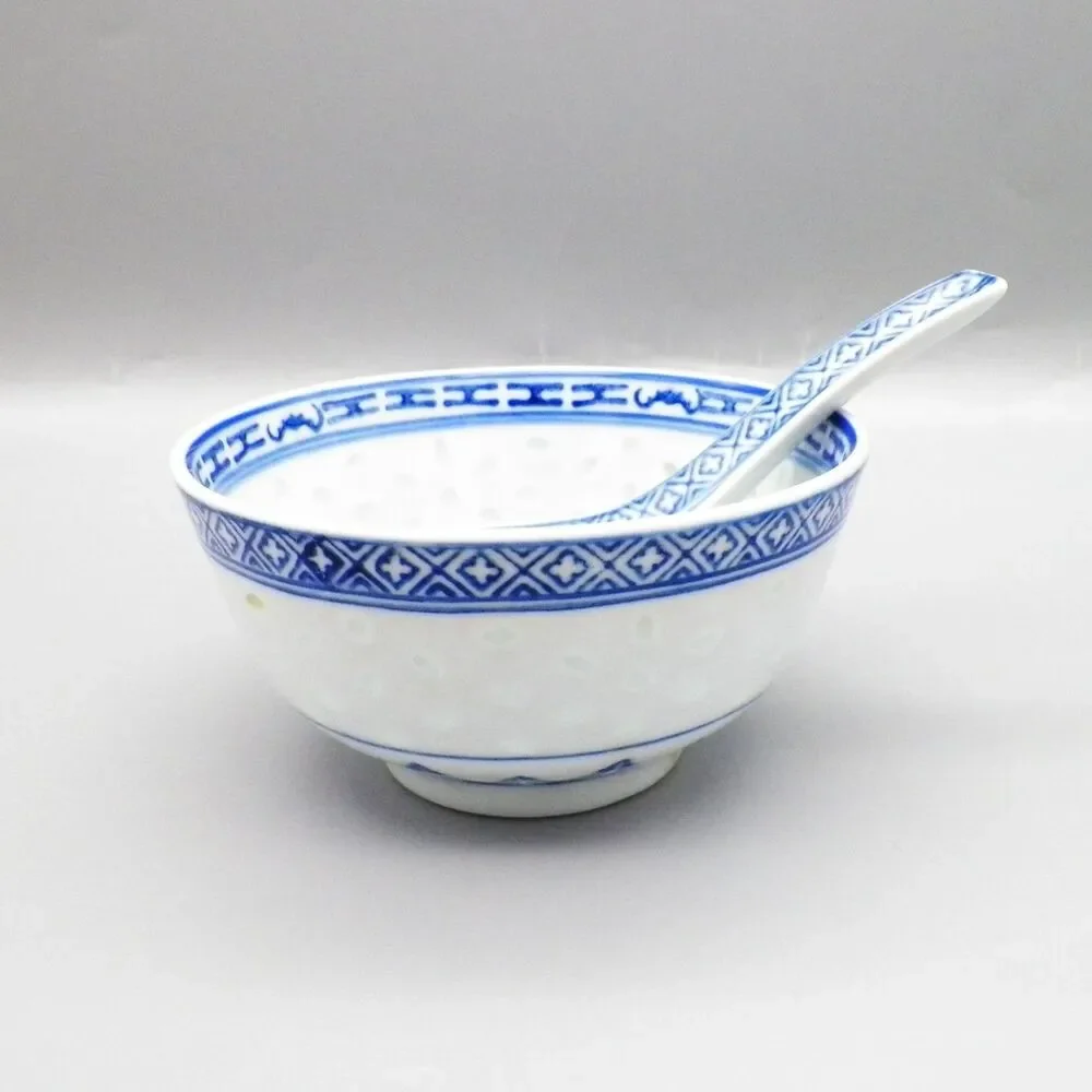 Chinese Blue White Porcelain Translucent Rice Eye Rice Bowl with Spoon